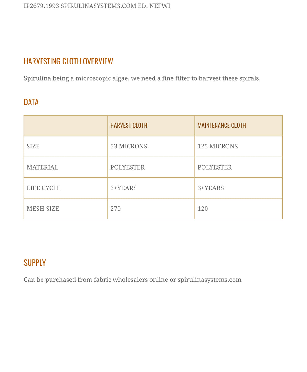 Spirulina Harvesting Specifications Spirulina Systems